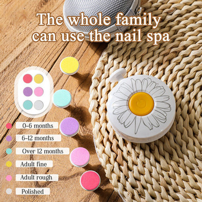 Baby nail trimmer with six grinding heads, Belro brand, designed for gentle nail care for babies and kids, shown with multiple grinding attachments.