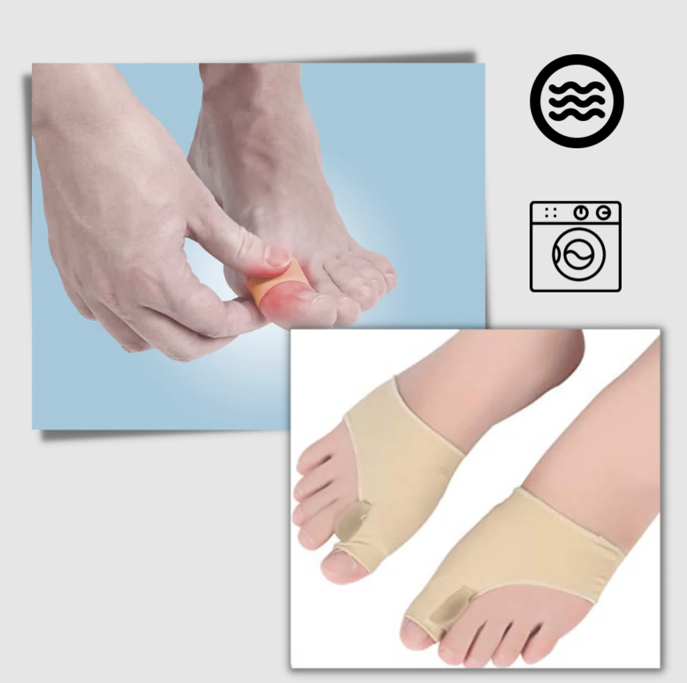 Belro gel bunion corrector worn on toes, providing relief and support for bunion discomfort in a health and beauty setting.