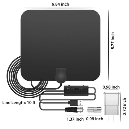 Belro 300 Miles indoor digital HDTV antenna with signal booster, showing a sleek black design and connection ports.