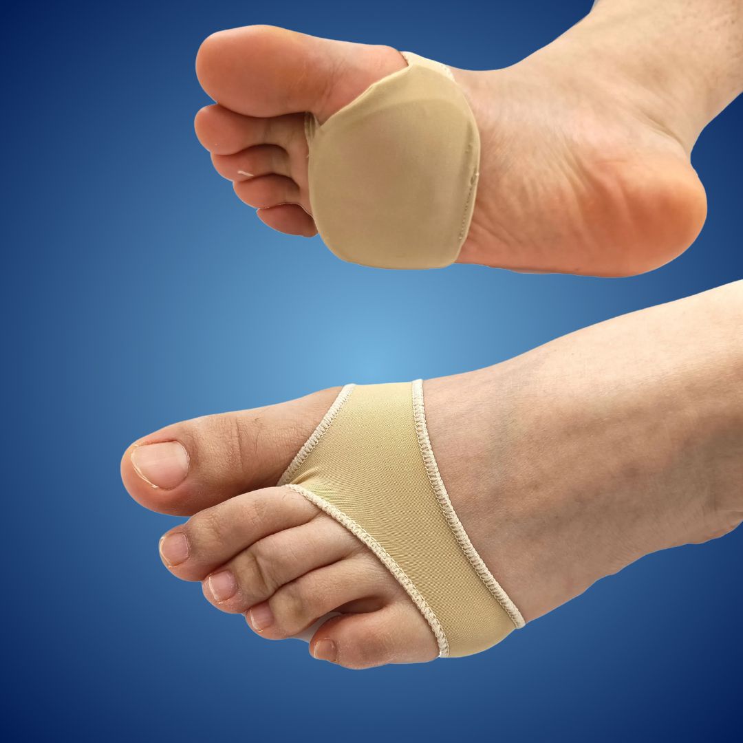 Bowlift Metatarsal Gel Cushion Pads for Morton’s neuroma relief and foot pain, showing soft gel pads on a foot model.