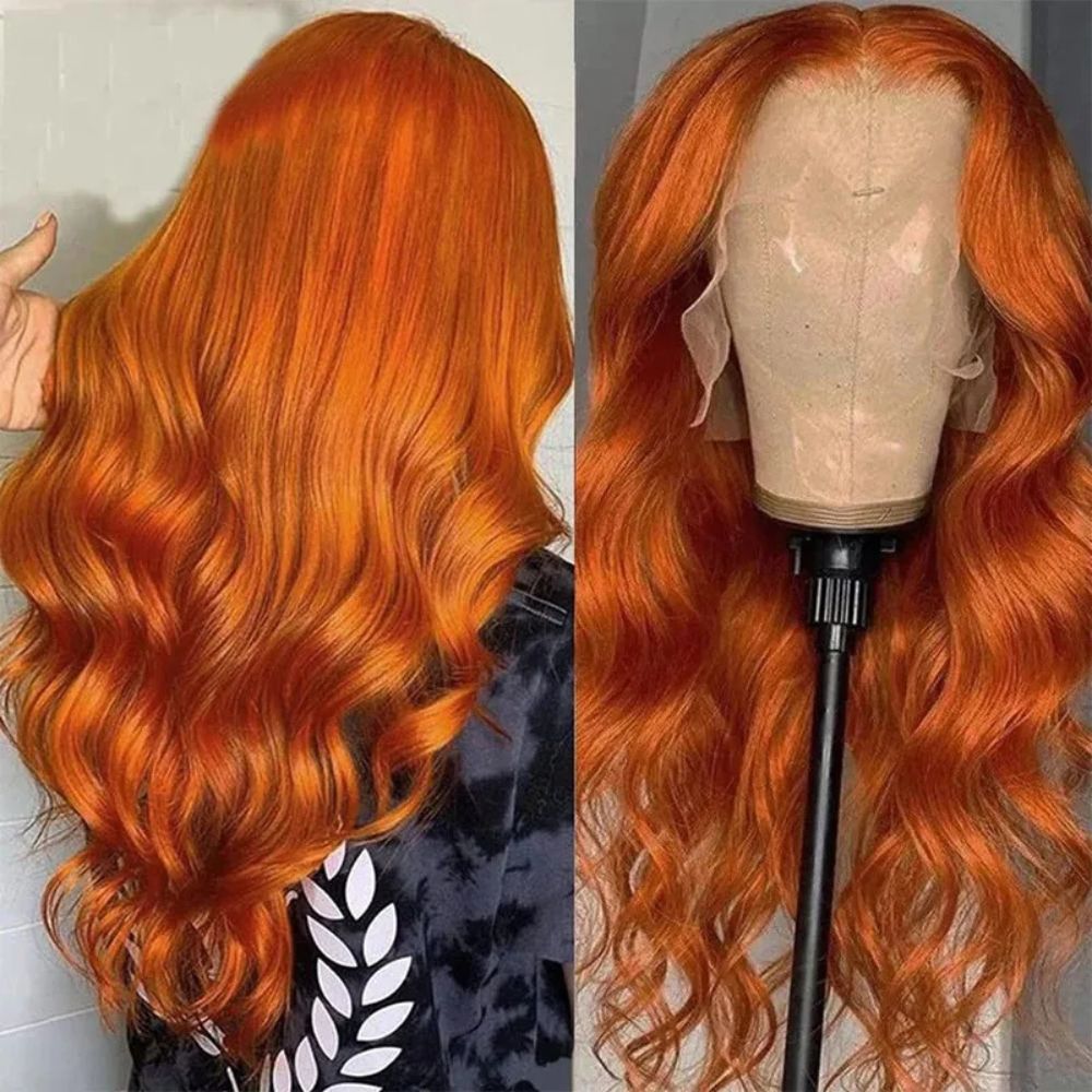 Long wavy orange ginger red lace front wig by Belro, featuring vibrant color and natural-style waves for stylish hair accessory.