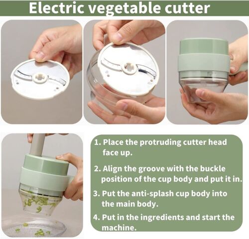 Belro 4-in-1 electric food cutter with multiple blades for slicing, dicing, and chopping in a compact kitchen appliance.