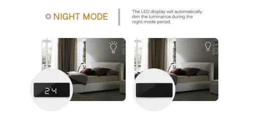 Belro digital alarm clock with smart mirror display and bedside nightlight, modern desktop clock for home decor.