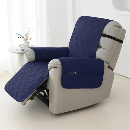 Belro waterproof quilted recliner arm chair slip cover showing fitted fabric with padded quilting, designed to protect and decorate a recliner.