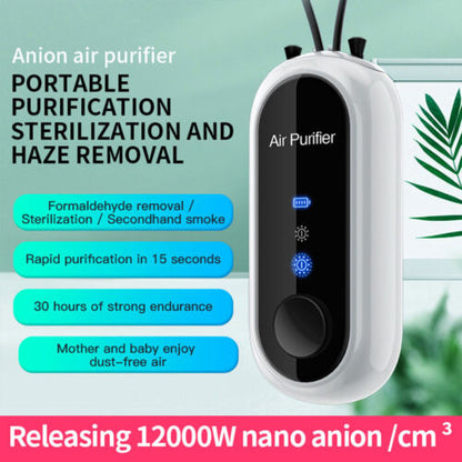 Belro personal mini air purifier necklace worn around the neck, compact wearable air purifier with USB charging port.