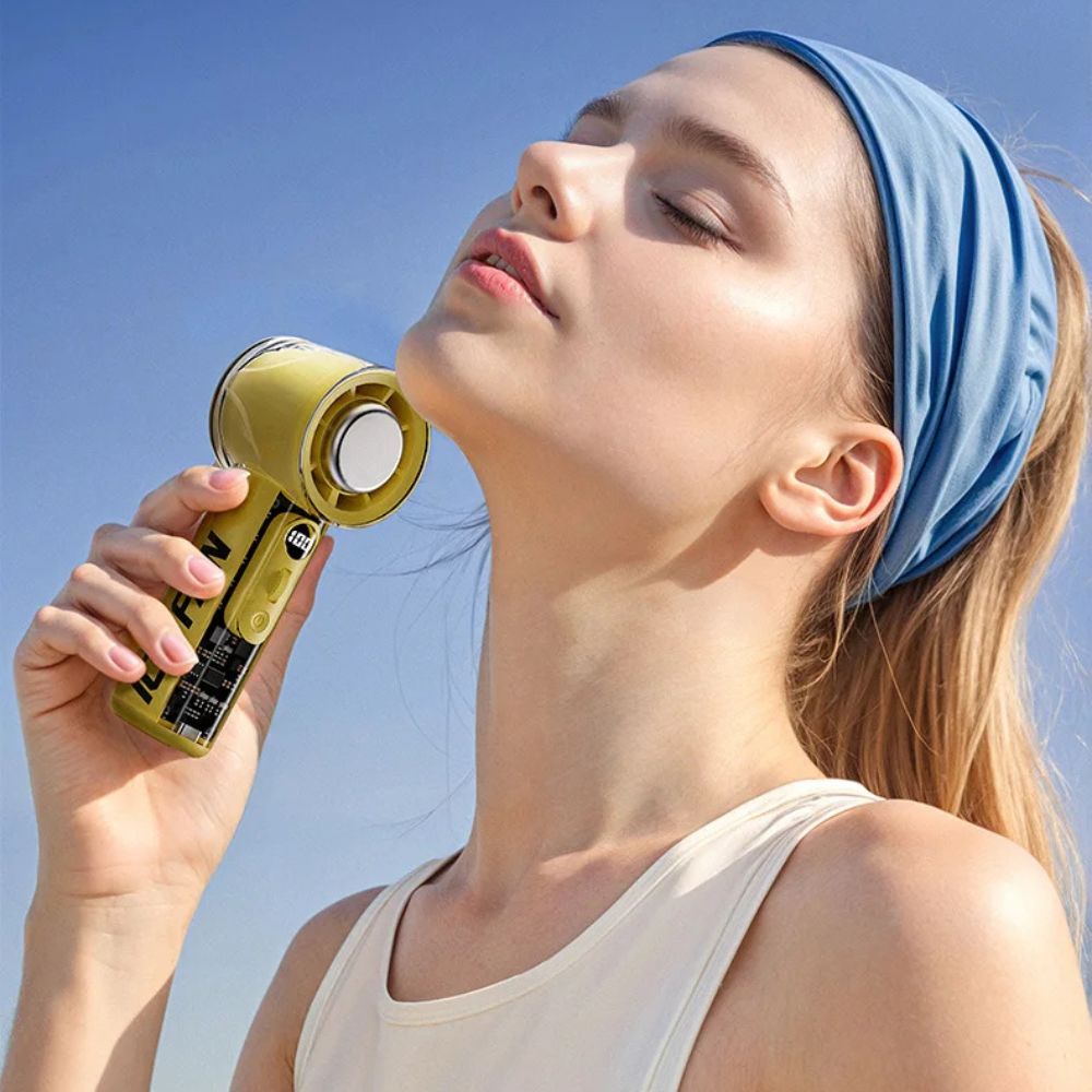 Belro handheld rechargeable fan for outdoor use, compact and portable with adjustable settings, ideal for outdoor activities and home use.