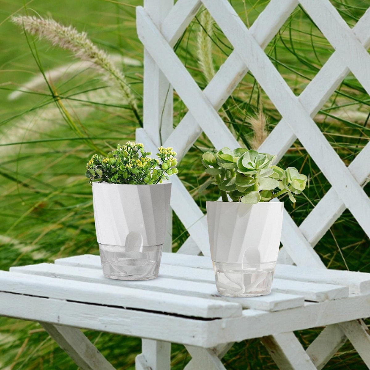 Belro self watering planter for outdoor garden, round ceramic pot with drainage holes and built-in watering system.