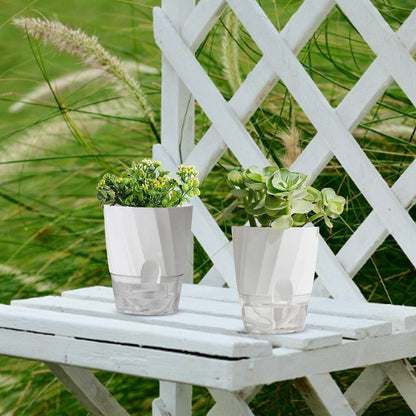 Belro self watering planter for outdoor garden, round ceramic pot with drainage holes and built-in watering system.