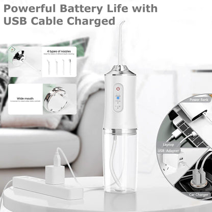 Belro portable dental water flosser for oral care, showing compact design with water reservoir and nozzle attachment.