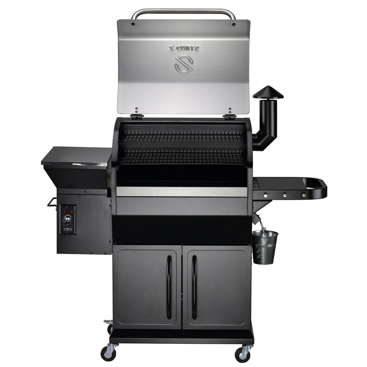 Casavibeo Z Grills Wood Pellet Ultimate 8-in-1 Smoker Grill 1000E with metal side shelves and digital control panel.