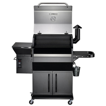Casavibeo Z Grills Wood Pellet Ultimate 8-in-1 Smoker Grill 1000E with metal side shelves and digital control panel.