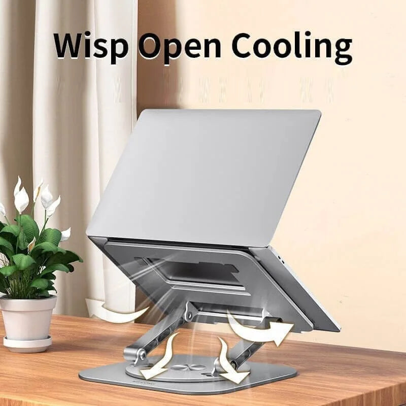Belro aluminum laptop stand with 360-degree rotating bracket, adjustable for ergonomic computer use.