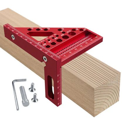 Mivoza aluminium woodworking square with drill guide holes, 90° and 45° angles for precise measuring and layout in carpentry.