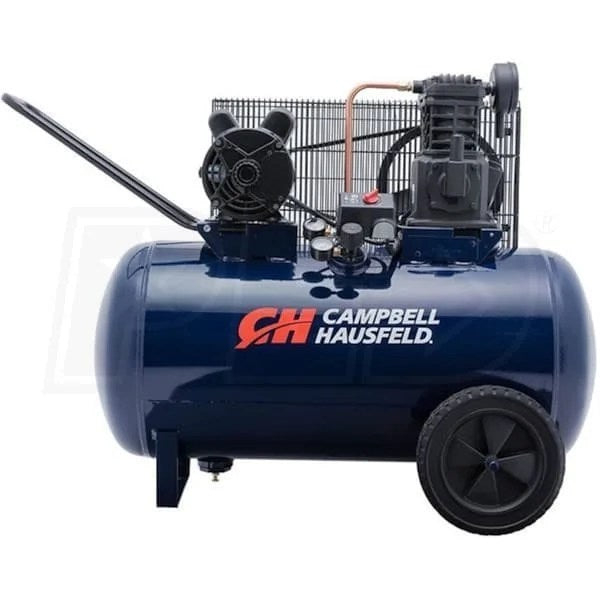 Campbell Hausfeld 3.7-HP 30-Gallon cast-iron air compressor with metal tank and control panel, shown in a workshop setting.