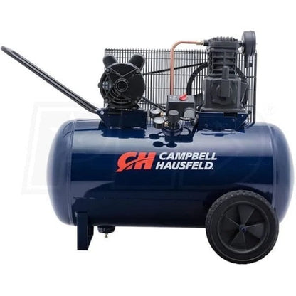 Campbell Hausfeld 3.7-HP 30-Gallon cast-iron air compressor with metal tank and control panel, shown in a workshop setting.