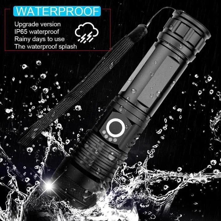 Belro 90000 Lumens Xhp50.2 powerful flashlight with a sturdy black body and adjustable focus, ideal for outdoor and emergency lighting.