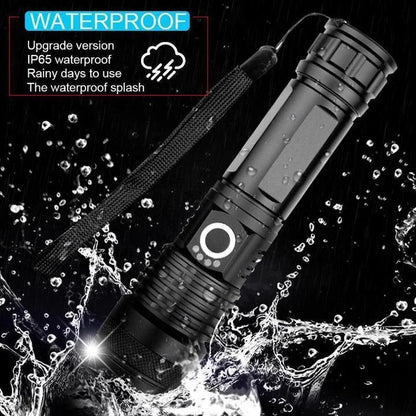 Belro 90000 Lumens Xhp50.2 powerful flashlight with a sturdy black body and adjustable focus, ideal for outdoor and emergency lighting.