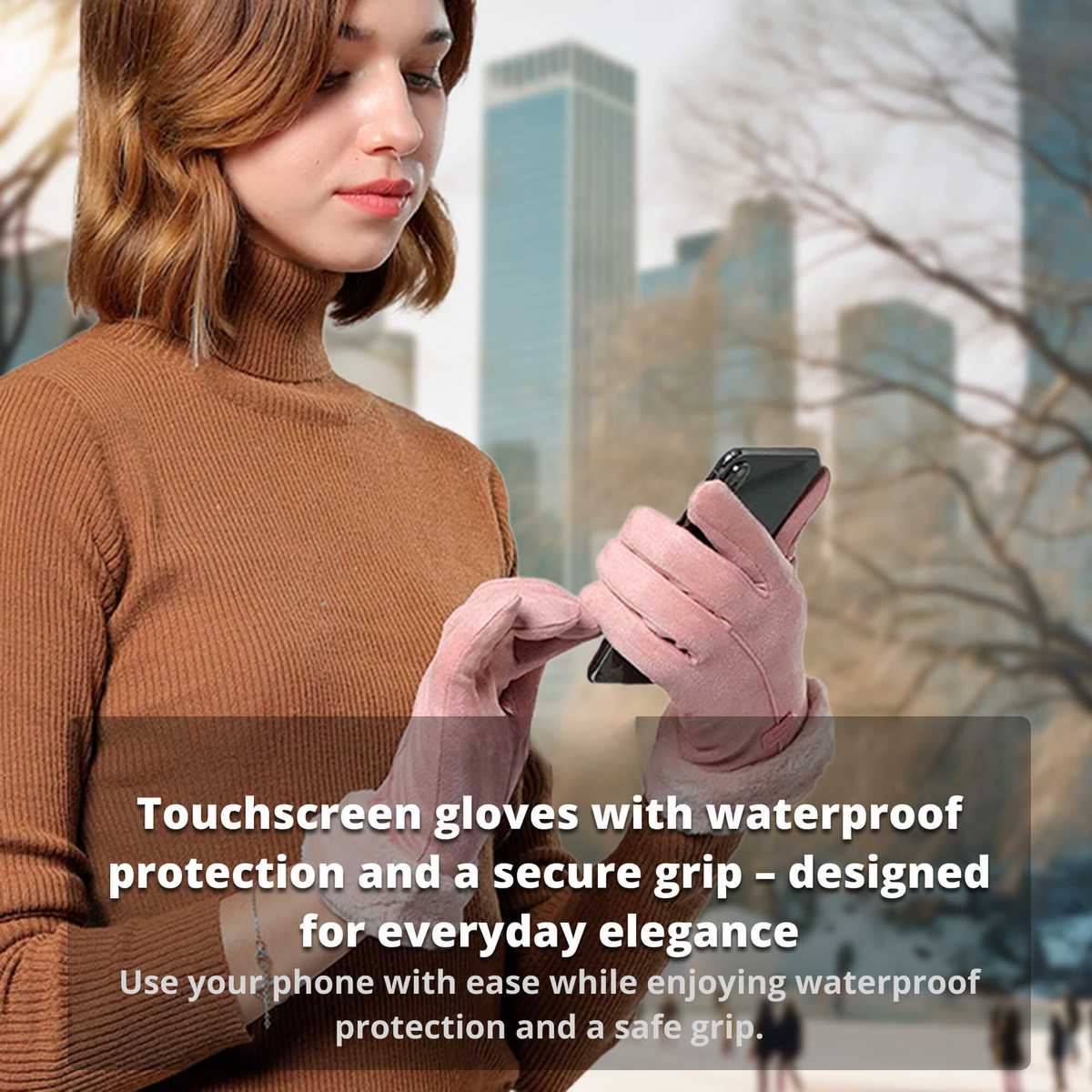 BowLift heated women's gloves with USB rechargeable waterproof thermal insulation, showing the gloves on a winter background.