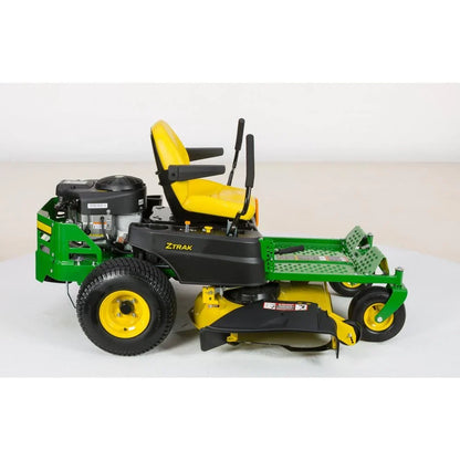 John Deere Z345M 42-inch zero-turn riding mower with 22 HP V-twin engine and dual hydrostatic drive, shown in a garden setting.