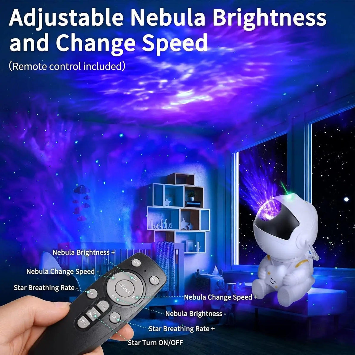 Belro Galaxy Light Projector displaying colorful star and galaxy patterns on a dark wall for ambient night lighting.