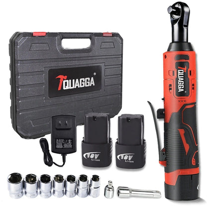 Casavibeo 18V cordless electric ratchet wrench set with two batteries and fast charger, showing the compact tool in a workspace setting.