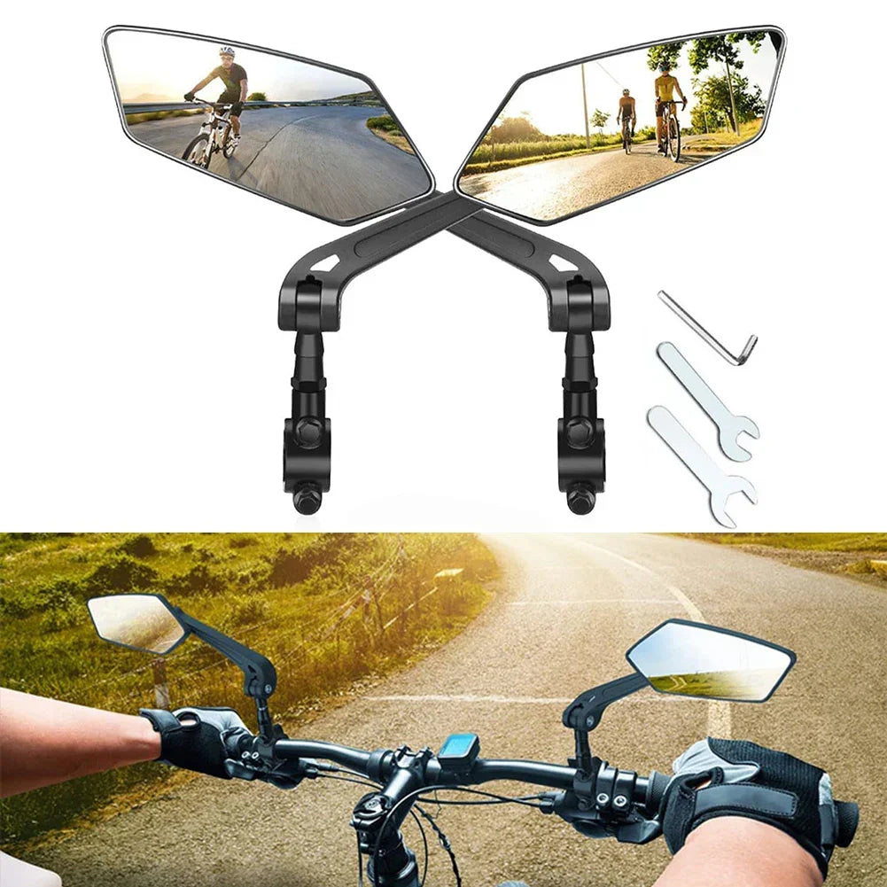 Pair of Belro 2-pack bike mirrors showing adjustable arms and reflective surfaces mounted on bicycles for safe outdoor riding.
