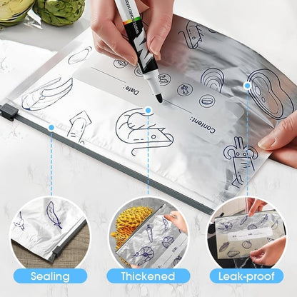 Reusable aluminum foil food storage bags by Mivoza, 200×, airtight, eco-friendly kitchen storage bags for fresh food preservation.
