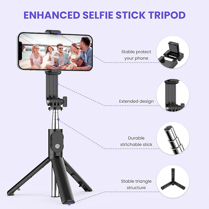 Belro 6-in-1 wireless Bluetooth selfie stick with fill light, adjustable extendable camera accessory for smartphones.