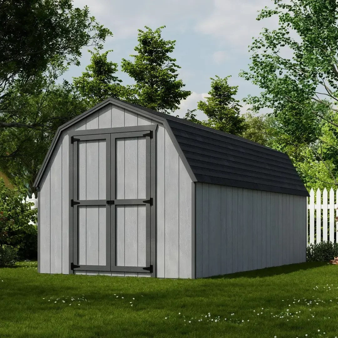 Casavibeo Little Cottage Co. 8x16 foot value gambrel barn with 4-foot sidewalls, shown as a pre-cut kit with wooden panels.