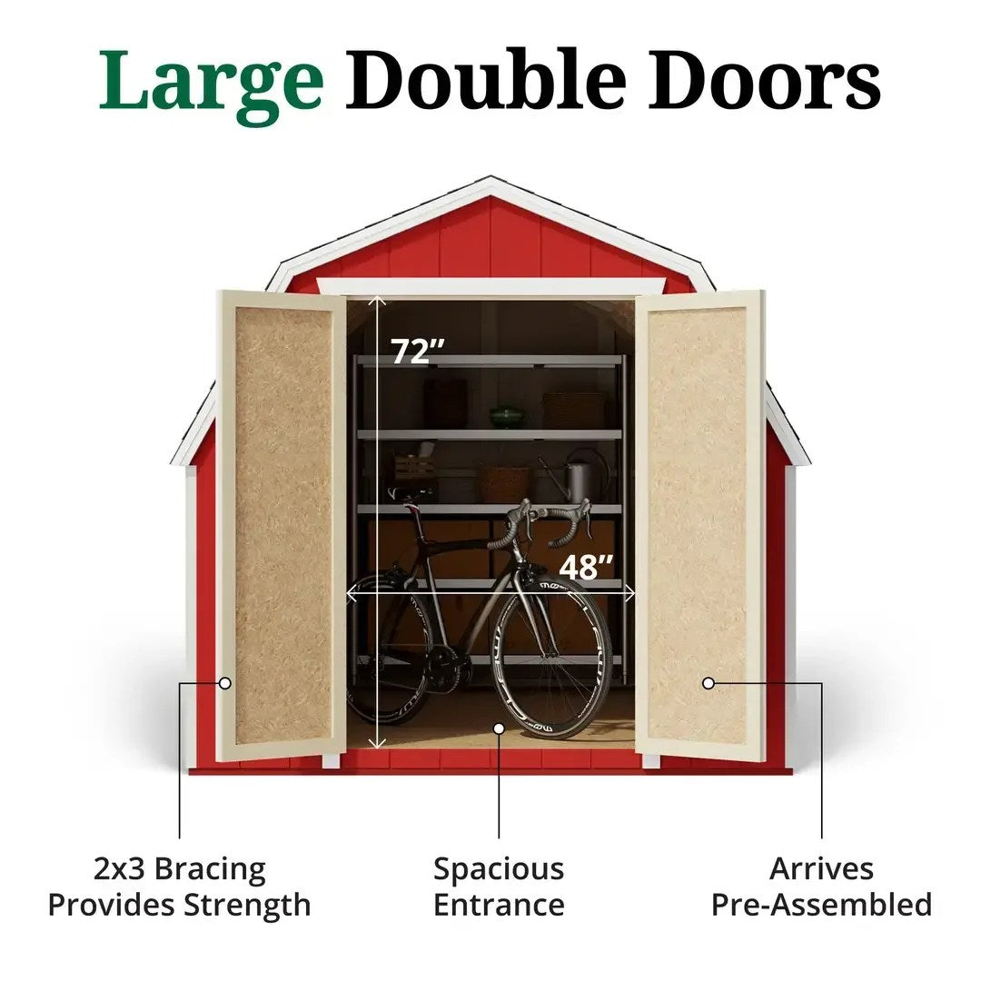 Casavibeo Little Cottage Co. 8x16 foot Gambrel barn with 4-foot sidewalls, featuring four doors, pre-cut wood kit for assembly.
