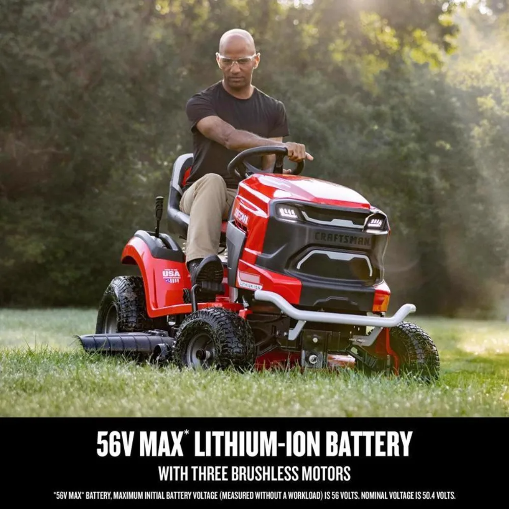 Casavibeo Craftsman 42-inch electric riding mower with 56V battery, showing the mower's cutting deck and control panel.