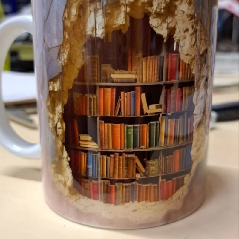 Belro 3D Library Bookshelf mug featuring a realistic bookshelf design, perfect for book lovers' coffee or tea.