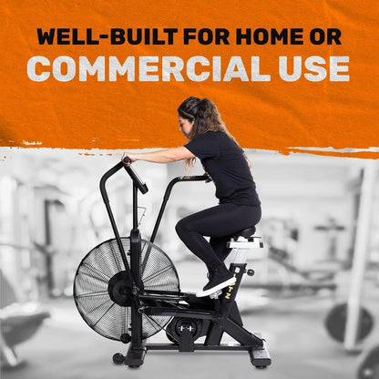 Casavibeo Bells of Steel USA Blitz Air Bike showing a sleek black and red exercise bike with adjustable handles and a digital display.
