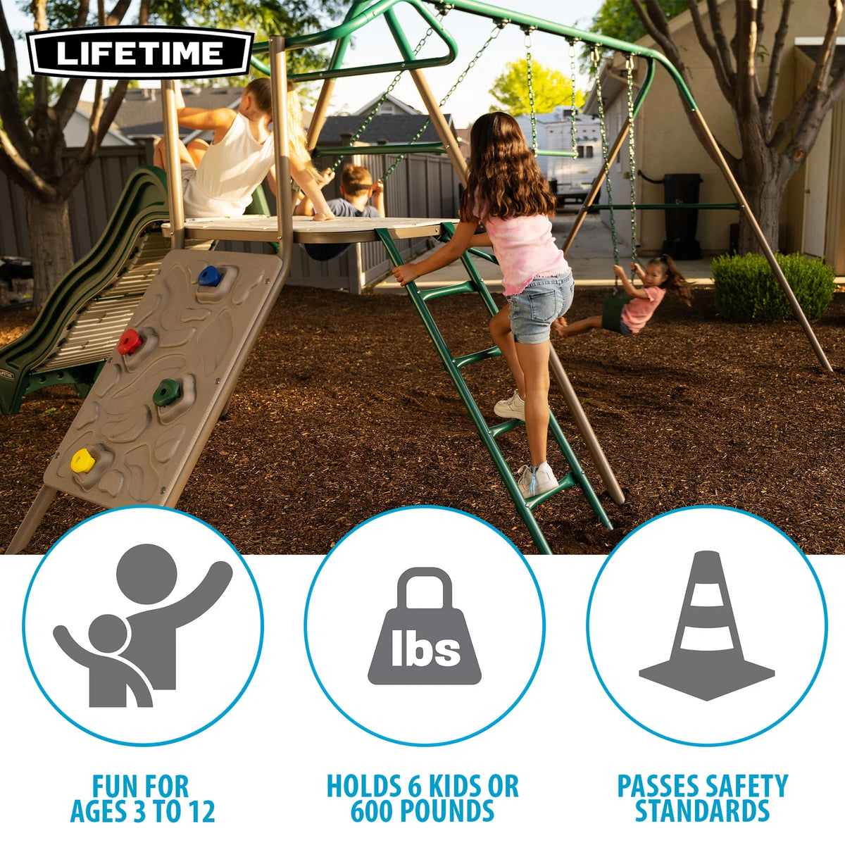 Casavibeo Lifetime Climb & Slide Playset with colorful climbing wall, slide, and play platform for outdoor kids' play area.