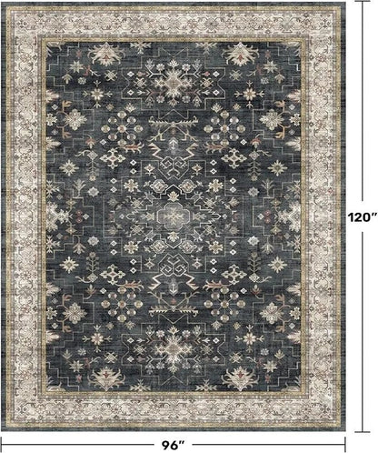 Black Casavibeo farmhouse 8x10 washable area rug with dark charcoal tones, stain-resistant, non-slip, suitable for living, dining, or office.