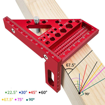 Mivoza aluminium woodworking square with drill guide holes and 90° and 45° angle markings for precise carpentry measurements.