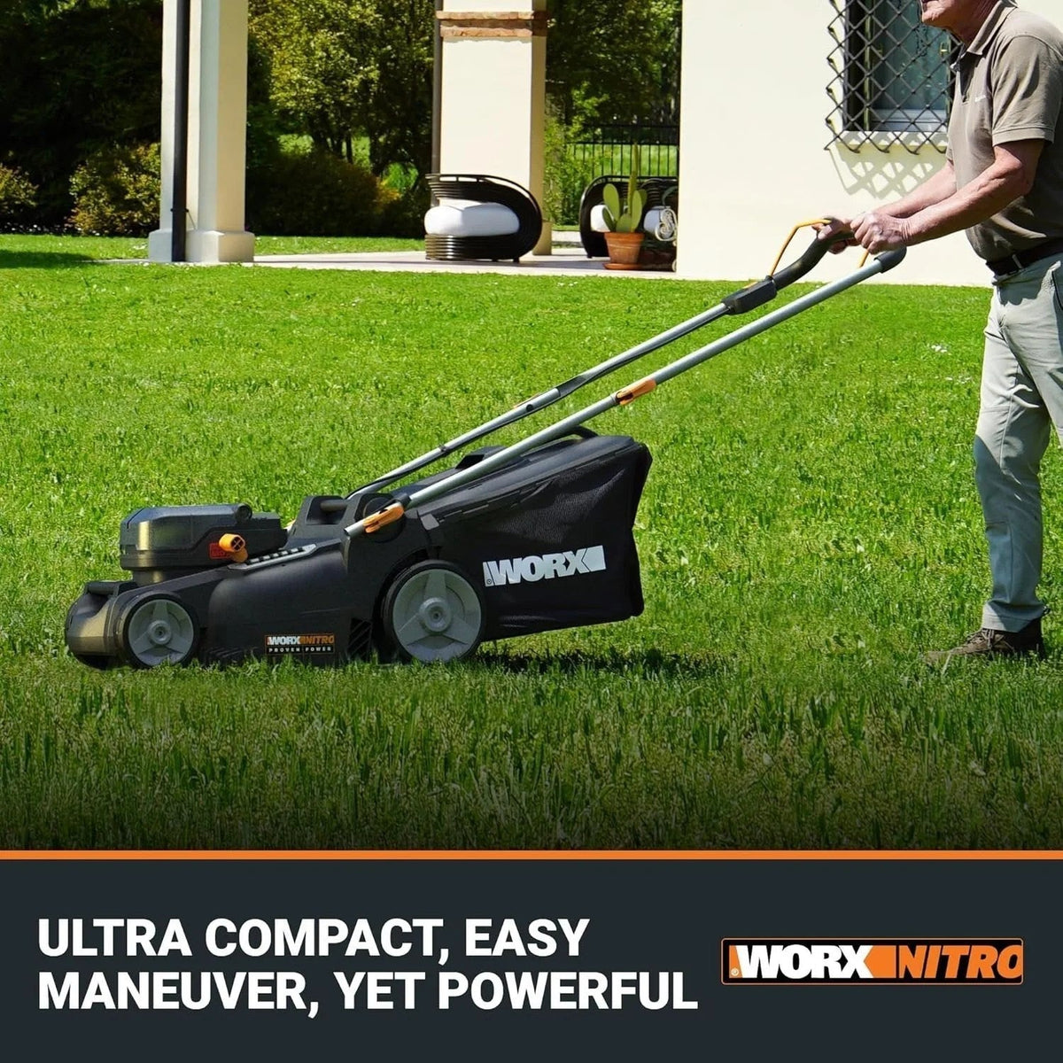 WORX Nitro 40V cordless lawn mower with 16-inch blade, brushless motor, and Intellicut technology, shown in a yard setting.