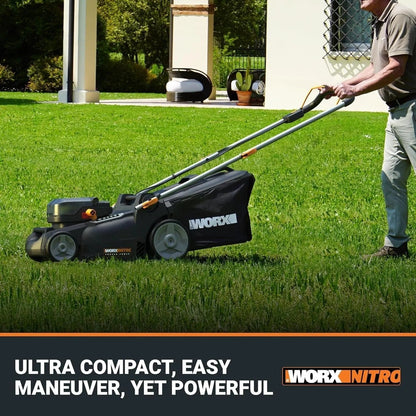 WORX Nitro 40V cordless lawn mower with 16-inch blade, brushless motor, and Intellicut technology, shown in a yard setting.