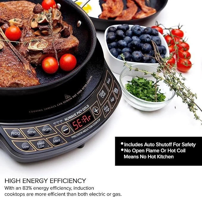 Casavibeo Nuwave Precision Induction Cooktop with gold ceramic glass surface, large coil, and 51 temperature settings.