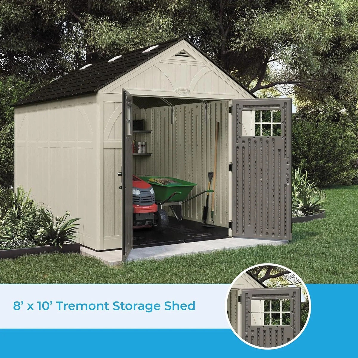 Casavibeo Suncast 8x10 ft. Tremont resin outdoor storage shed with skylights, featuring double doors and a sturdy design.