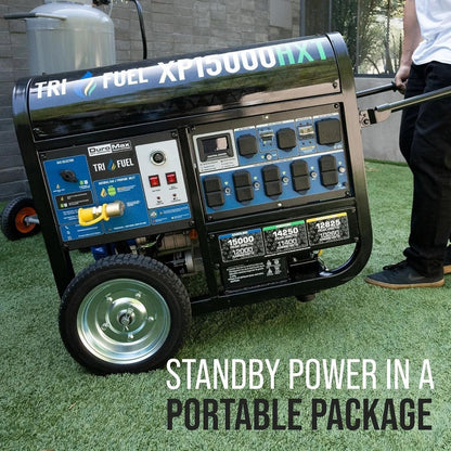 Casavibeo DuroMax 15,000-Watt tri-fuel portable generator with control panel and large fuel tank for outdoor power needs