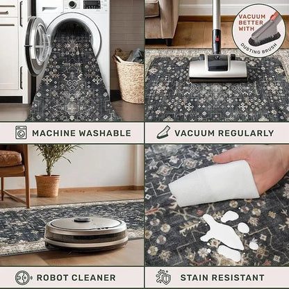 Black farmhouse 8x10 washable area rug by Casavibeo, stain-resistant, non-slip, perfect for living rooms, bedrooms, and dining areas.