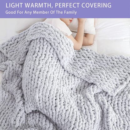 Belro chenille chunky knitted blanket with thick cable knit pattern, cozy throw for couch or bed in warm beige color.