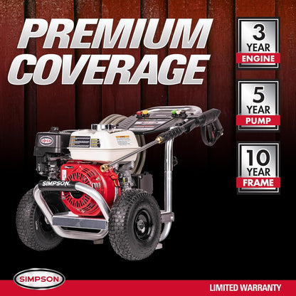 Casavibeo Simpson ALH3425 aluminum gas pressure washer with Honda GX200 engine, 3600 PSI, 2.5 GPM for professional cleaning.