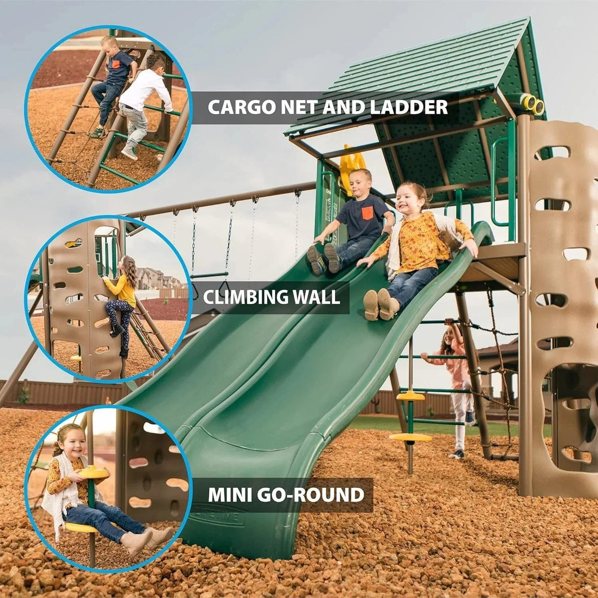 Casavibeo Big Stuff Swing Set with multiple swings and slides, featuring sturdy metal frame and colorful play accessories.