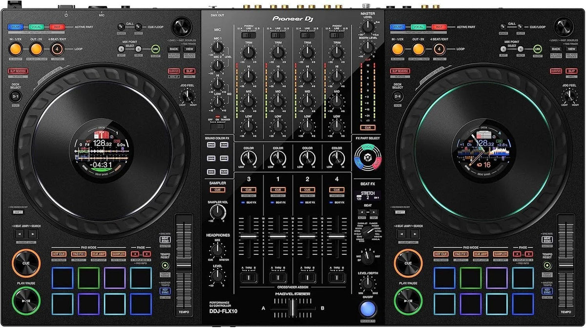 Casavibeo Pioneer DJ DDJ-FLX10 4-channel DJ controller with jog wheels, mixer, and control buttons for professional DJing.