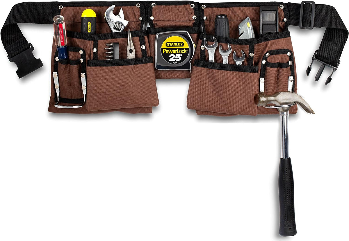 Belro heavy duty men's tool belt with multiple pouches, durable black fabric, and adjustable straps for construction work.