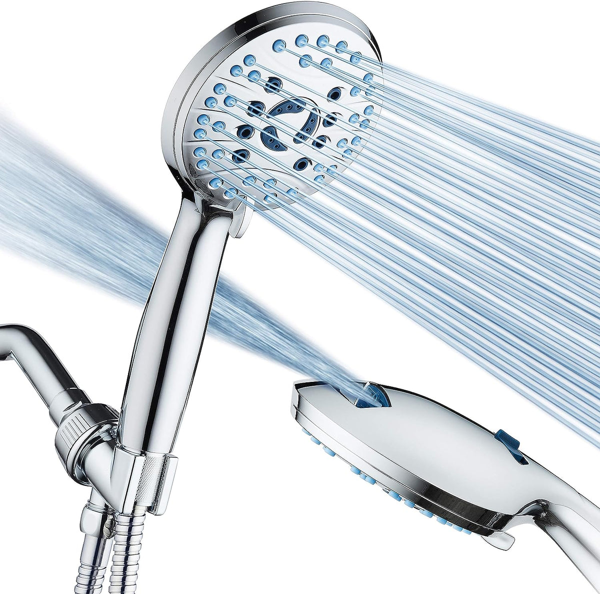 Belro adjustable handheld shower head with hose, metal finish, and ergonomic grip for versatile bathroom use.