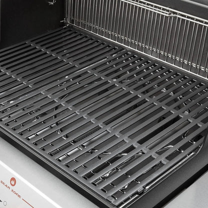 Casavibeo Weber Genesis S-335 gas grill with stainless steel lid, side shelves, and multiple burners for outdoor cooking.