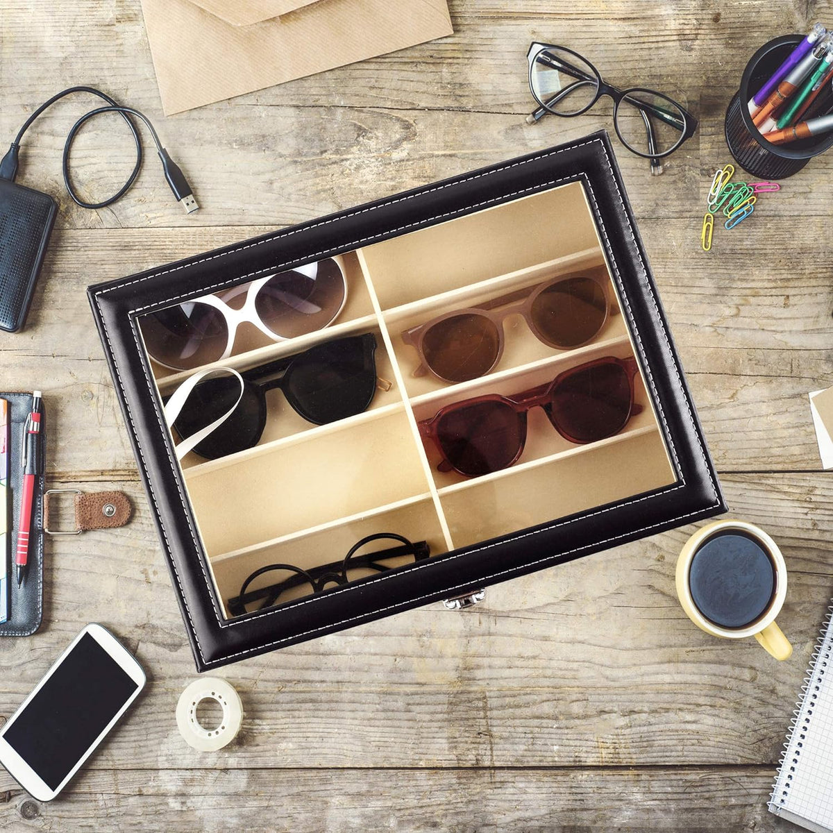 Belro sunglass organizer storage with multiple compartments for glasses and accessories, in a sleek, durable design.